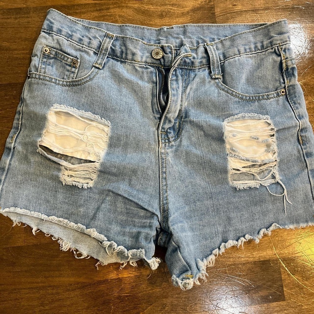 Women's denim cutoff shorts frayed coastal ripped beach edgy 28"